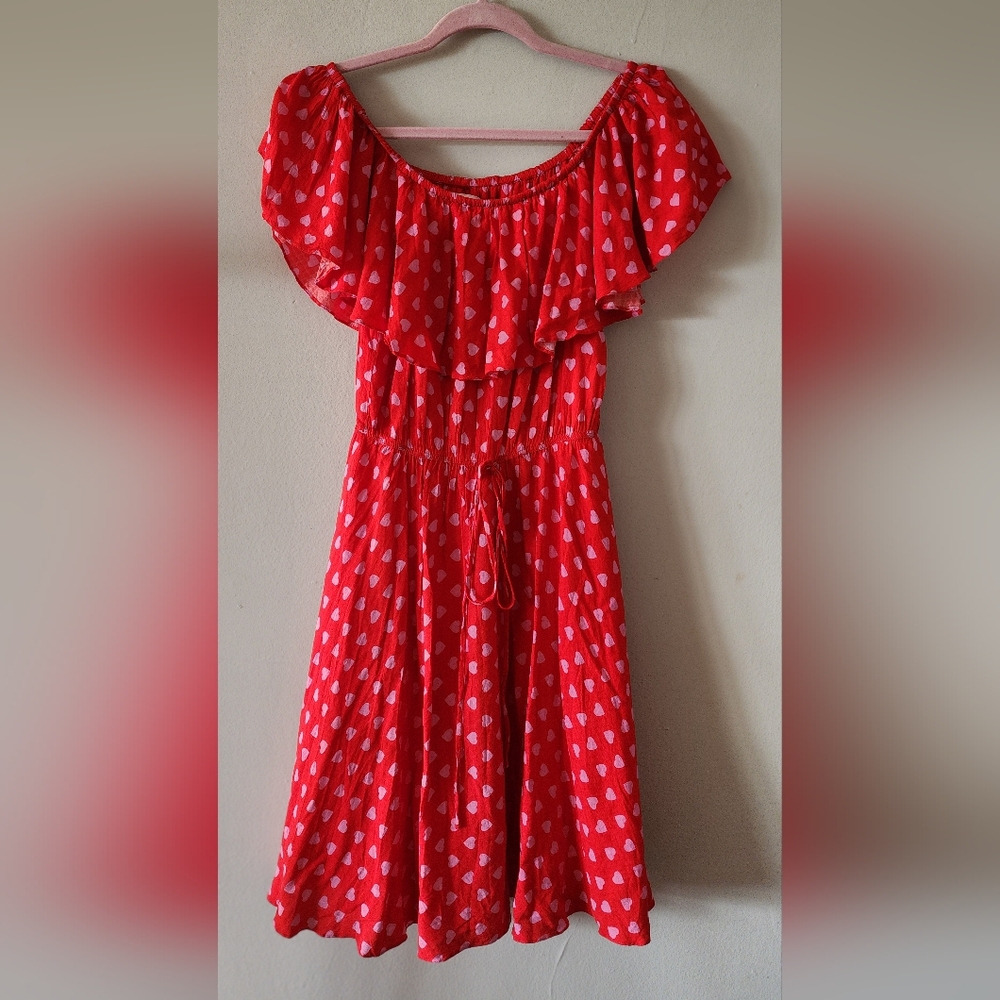 Vivi Red With Pink Hearts Dress Size Medium Off The Shoulder And Waist Tie - Picture 4 of 8